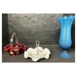 Fenton Art Glass Basket, Plate, & Vase,