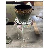 Ceramic Planter On Metal Floral Plant Stand.