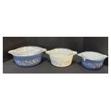 3 Pyrex Cinderella Colonial Mist Pattern Bowls.