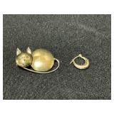 18 KT Gold Cat Pin & 14KT Gold Filled Earring.