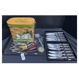 Stainless Steel Knives, Painted Basket, Utensils.