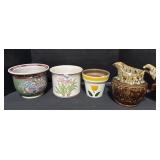 Ceramic Planters & Rockingham Pottery Pitcher.