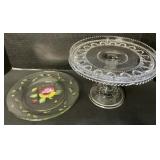 Hand Painted Plate & EAPG Glass Cake Stand.