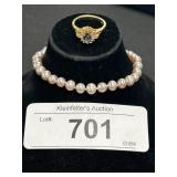 18k Plated Blue Topaz Ring, 14k Pearl Bracelet.