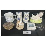 Taxidermy Puffer Fish, Cat Figurines & Trinket Box
