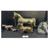 Lot Of Brass Horse Figures, Cast Metal Horse Bust.