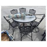 Glass Top Cast Steel Patio Table & Chairs.