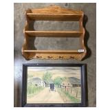 Oak Hanging Shelf & Amish Pastel Art.