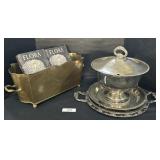 Brass Beverage Holder, Silver Tone Platters.