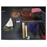 Lot Of Fashion Fans, Vintage Handbag, Gloves.