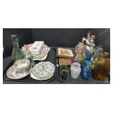 Glass Bottles, Transferware Plates, Soap.;