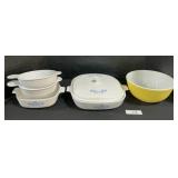 Corning Ware Casserole Dishes, Pyrex Mixing Bowl.