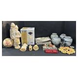 Wax Santa Figures, Stoneware Vases, Pretzel Trivet