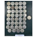 39 40% & 1 90% Silver Kennedy Half Dollars.