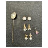 14K Gold Earrings, 10K Gold Tie Pin, Pearls.
