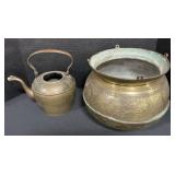 Antique Middle Eastern Brass Teapot & Cauldron.