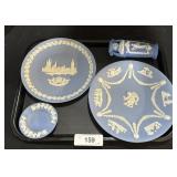 Wedgewood Blue Chalkware Plates & Vase.
