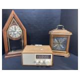 Sangean WR-11 Radio, 2 Wooden Mantle Clocks.