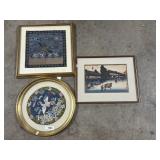 Framed Wood Block Print, Woven & Embroidered Birds