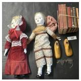 Vintage Porcelain Dolls, School Books, Shoe Lasts.