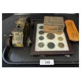 Tin Wind Up Toy, Shoe Brush, Wooden Cigar Box.