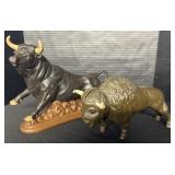 Cast Iron Buffalo Bank & Ceramic Bull Statue.