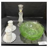Uranium Glass Bowl, Milk Glass Candle Holders.
