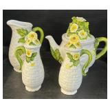 Floral Teapot, Creamer, S&P Shakers.