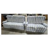 Clean Blue Plaid Reclining Sofa & Loveseat.