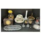Fenton Glass Basket, Pyrex Pitcher, Cork Carving.