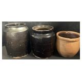 3 Vintage Redware Crocks.
