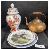 Red & White Jar, Collectors Plates, Brass Teapot.