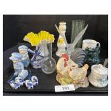 Art Glass Vase, Chicken Figures, Clear Glass Vase.