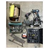 Bench Grinder, Clamps, Drills, Router, Sockets.