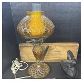 Cast Iron Iron, Amber Glass Hurricane Lamp.