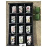 12 Porcelain Floral Cups & Green Glass Cups.