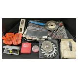 Tools, Bits, Sanding Disks, Press Vice, Blades.