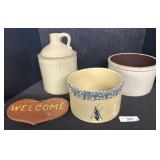 Vintage Stoneware Crocks & Jug, Redware Sign.