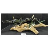 Leaded Stained Glass Aligator On Drift Wood.
