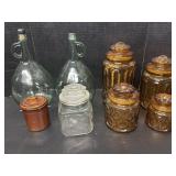 Vintage Amber Glass Canisters, Aqua Glass Bottles.