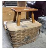 Woven Picnic Basket, Wooden Foot Stool.