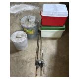 Fishing Rods, Coolers, Galvanized Trash Cans.