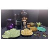 Colored Glass Vases, Ceramic Leaf Dishes.
