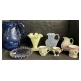 Fenton Uranium Hobnail Glass Vase, Glass Pitchers.