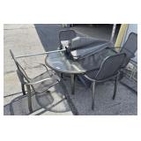 Aluminum Glass Top Patio Table, Chairs & Umbrella.