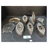 Antique Cast Iron Sad Irons, Cast Iron Trivet,