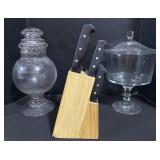 Knife Block & 2 Glass Display Jars.