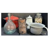 Enamelware, Atlas Mason Jar, Aqua Glass Bottle.