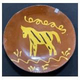 Breininger Redware Yellow Slip Horse Design Plate.