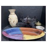Stoneware Vase & Platter, German Floral Dish.